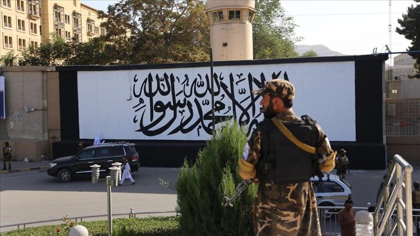 A photo shows the US Embassy walls after being painted with Taliban flag in Kabul, Afghanistan on September 8, 2021. - Avaz