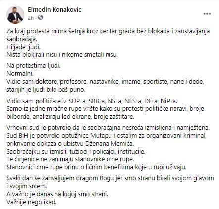 Objava Konakovića na Facebooku - Avaz