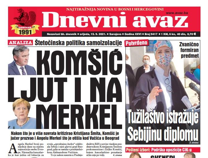 Danas u "Dnevnom avazu" čitajte: Komšić ljut na Merkel