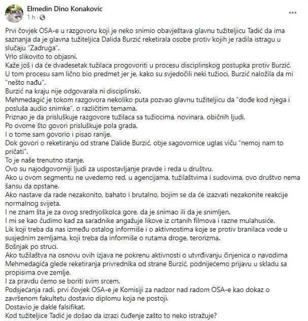 Status na Facebooku Elmedina Konakovića - Avaz