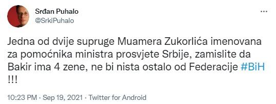 Objava Srđana Puhala na Twitteru - Avaz