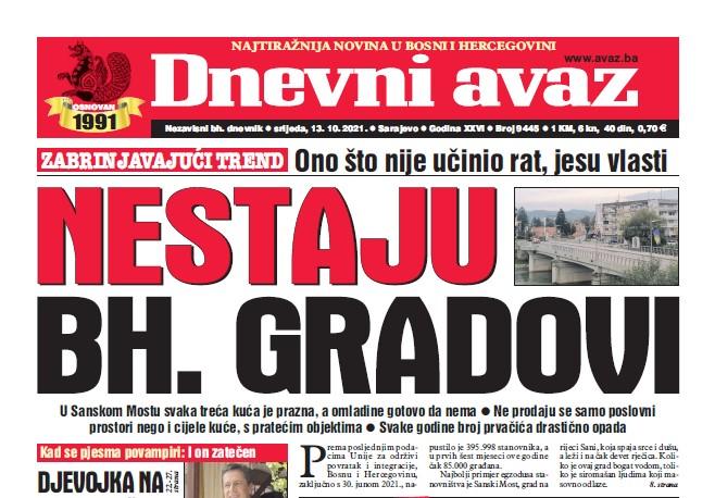 Danas u "Dnevnom avazu" čitajte: Nestaju bh. gradovi