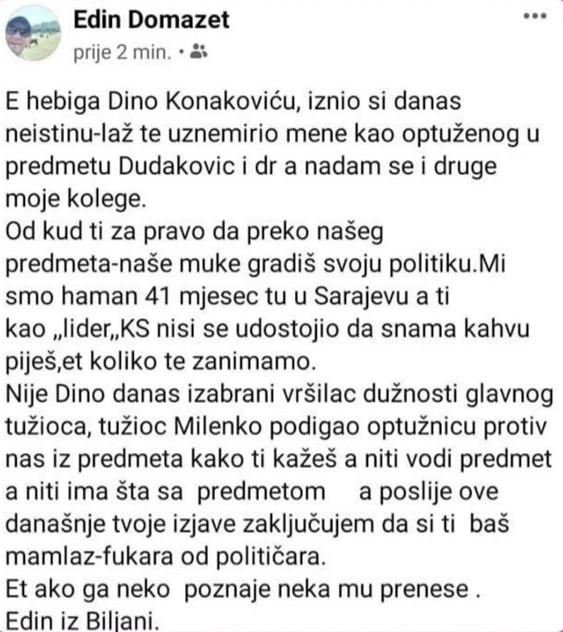 Objava Domazeta na Facebooku - Avaz