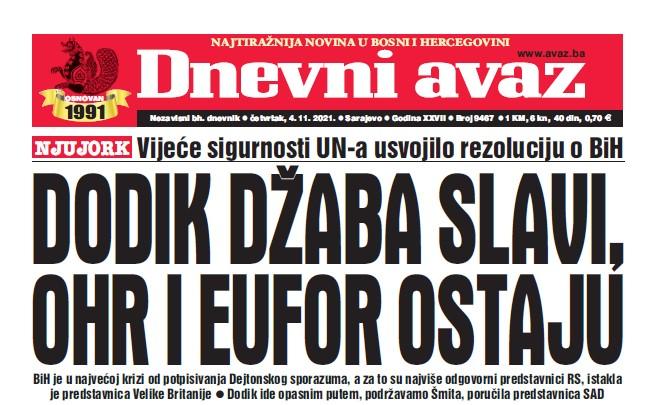 Danas u "Dnevnom avazu": Dodik džaba slavi, OHR i EUFOR ostaju