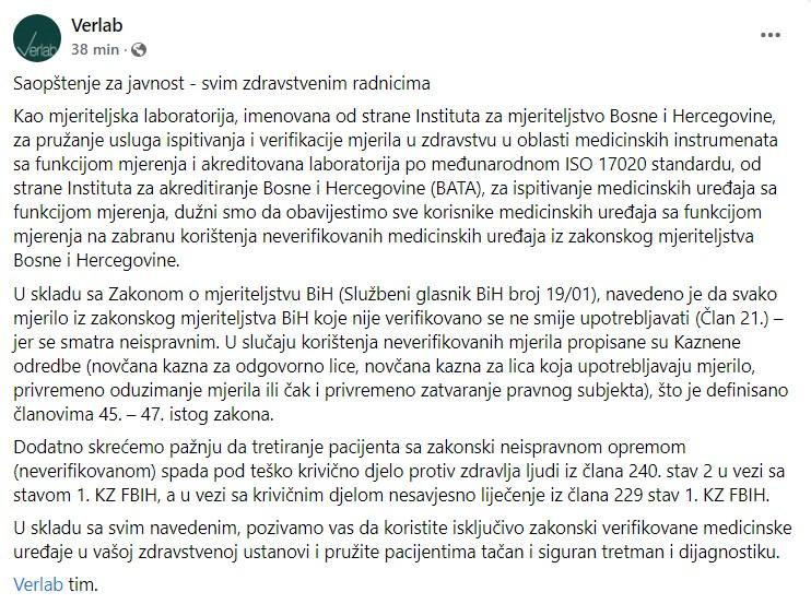 Objava Verlaba na Facebooku - Avaz