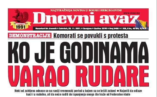 Danas u "Dnevnom avazu" čitajte: Ko je godinama varao rudare