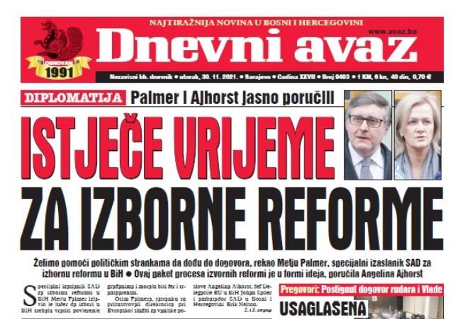 Danas u "Dnevnom avazu" čitajte: Istječe vrijeme za izborne reforme