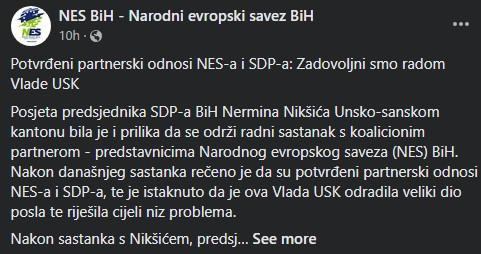 Objava na Facebooku NES-a - Avaz