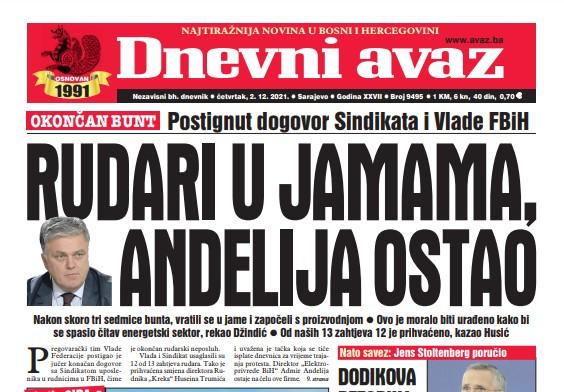 Danas u "Dnevnom avazu" čitajte: Rudari u jamama, Andelija ostao