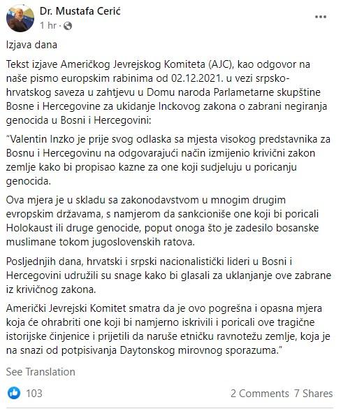 Cerićeva objava na Facebook-u - Avaz