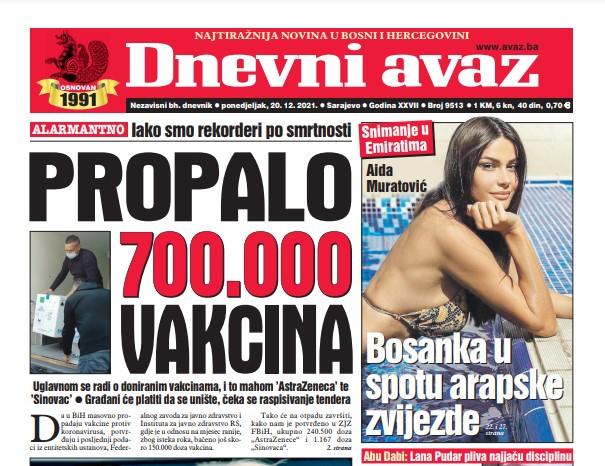 Danas u "Dnevnom avazu" čitajte: Propalo 700.000 vakcina