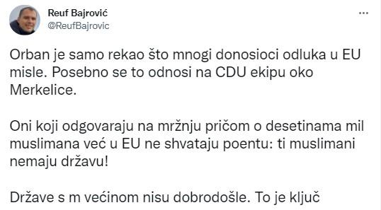 Objava Reufa Bajrovića na Twitteru - Avaz