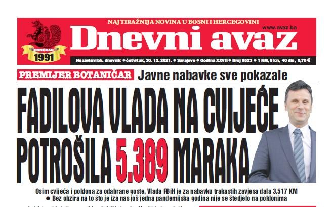 Danas u "Dnevnom avazu" čitajte: Fadilova vlada na cvijeće potrošila 5.389 maraka