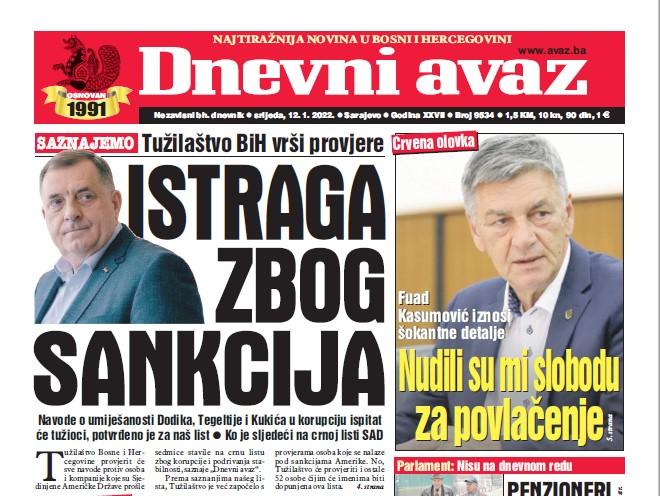 Danas u "Dnevnom avazu" čitajte: Istraga zbog sankcija