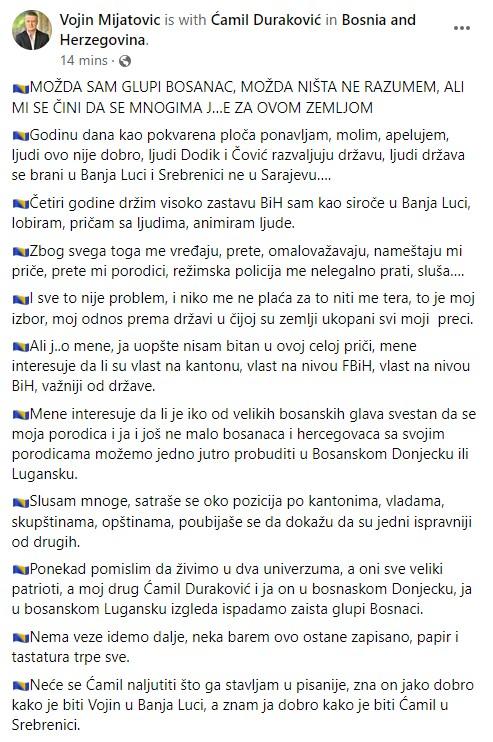 Objava Mijatovića na Facebook-u - Avaz