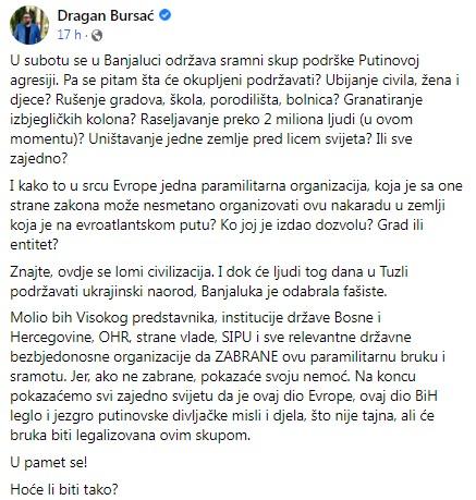 Objava Dragana Bursaća na Facebooku - Avaz