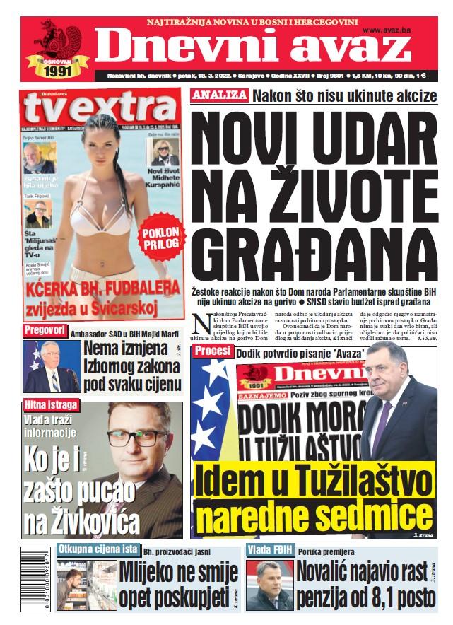 Današnja naslovna strana "Dnevnog avaza" - Avaz