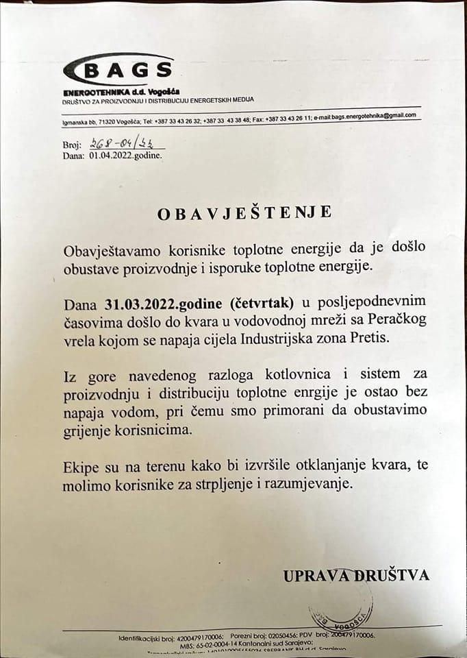 Obavještenje „Bags Energotehnika“ - Avaz