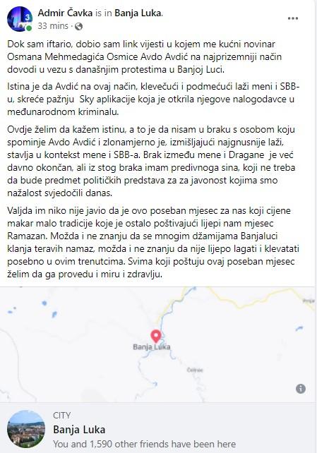 Objava Čavke na Facebook-u - Avaz