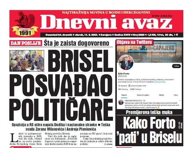 Danas u "Dnevnom avazu" čitajte: Brisel posvađao političare