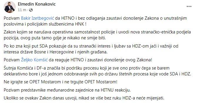 Objava Konakovića na Facebooku - Avaz