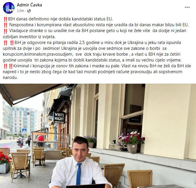 Objava Čavke na Facebooku - Avaz