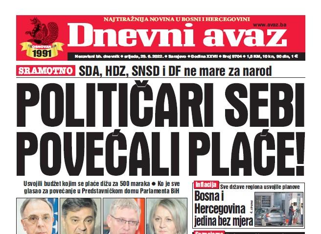 Danas u "Dnevnom avazu" čitajte: Političari sebi povećali plaće!