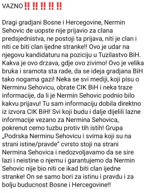 Objava iz grupe "Podrška Nerminu Šehoviću" - Avaz