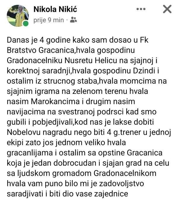 Nikićeva poruka na Facebooku - Avaz