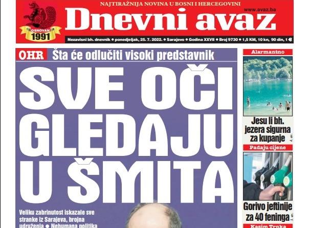 Danas u "Dnevnom avazu" čitajte: Sve oči gledaju u Šmita