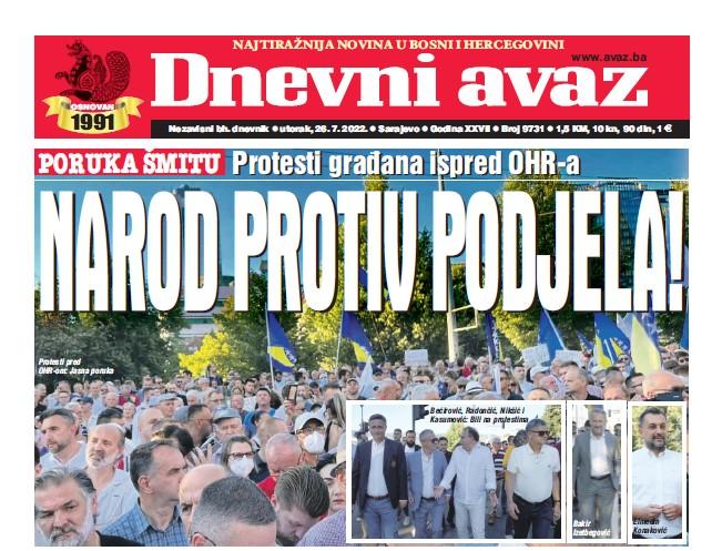 U današnjem broju "Dnevnog avaza" čitajte: Narod protiv podjela!