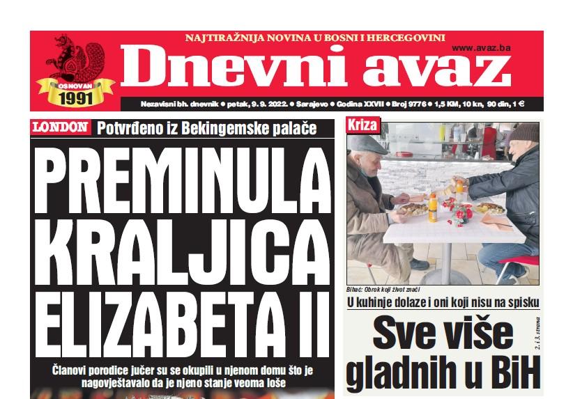 Danas u "Dnevnom avazu" čitajte: Preminula kraljica Elizabeta II