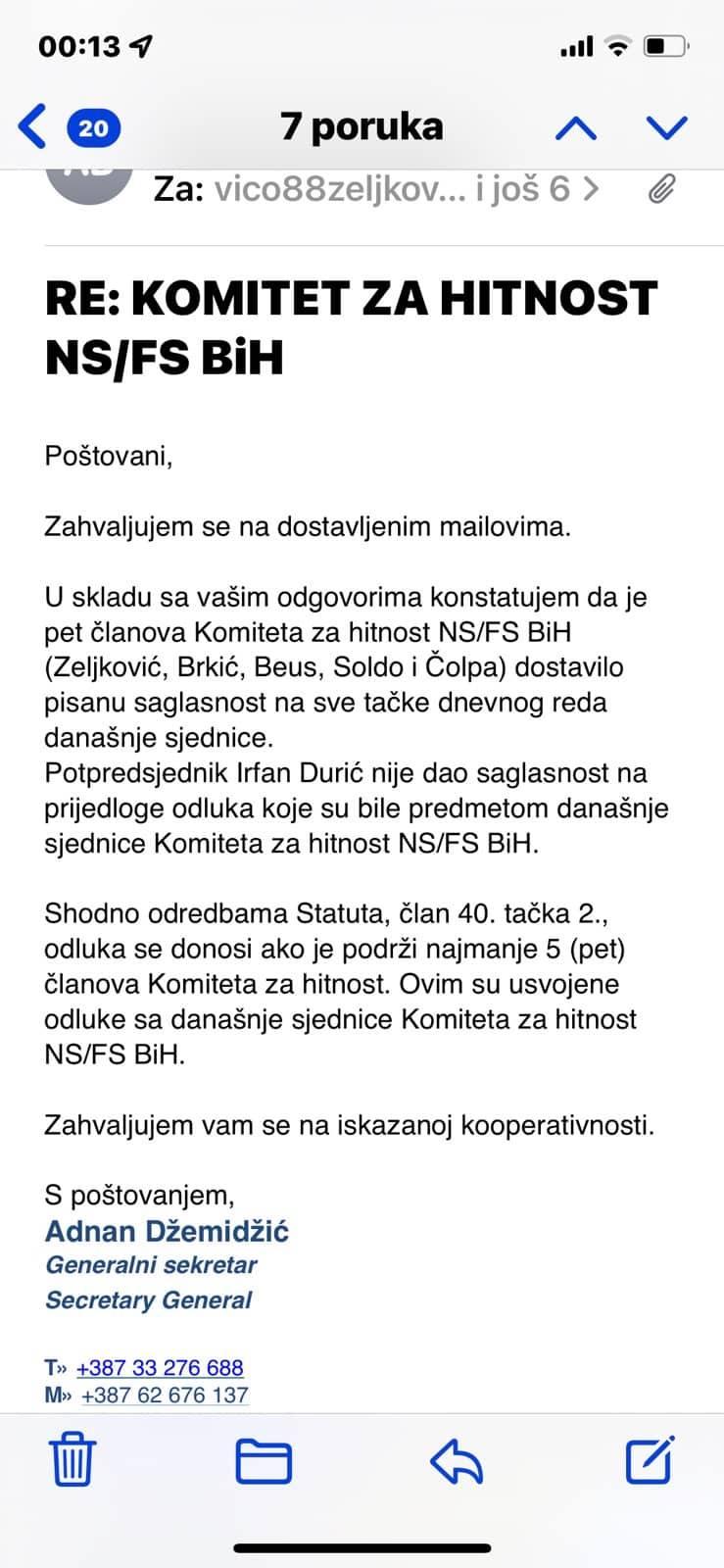 Odluka Komiteta za hitnost NSBiH - Avaz