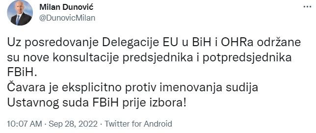 Objava Milana Dunovića na Twitteru - Avaz