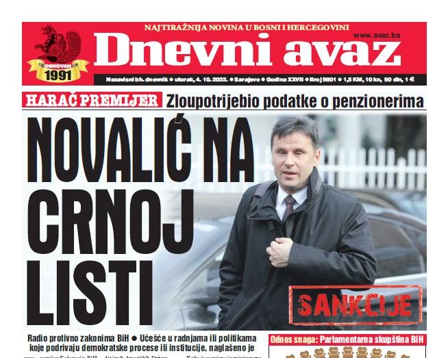 Danas u "Dnevnom avazu" čitajte: Novalić na crnoj listi