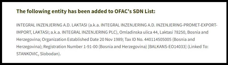 Na crnoj listi se našla i firma Integral Inženjering - Avaz