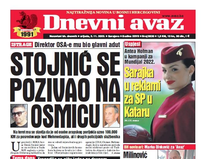 Danas u "Dnevnom avazu" čitajte: Stojnić se pozivao na Osmicu