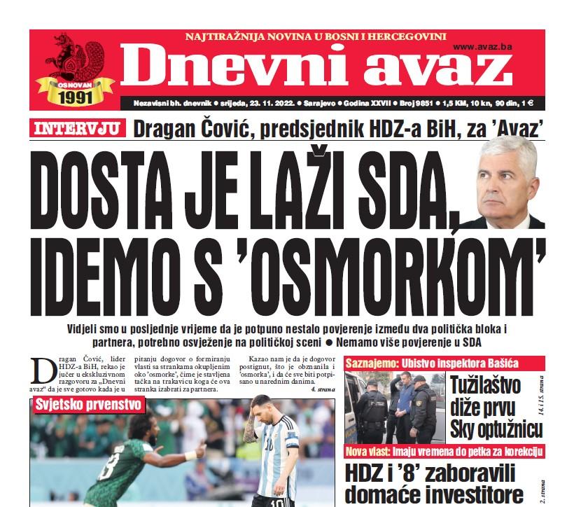 Danas u "Dnevnom avazu" čitajte: Dosta je laži SDA, idemo s „osmorkom“