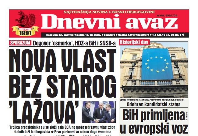 Danas u "Dnevnom avazu" čitajte: Nova vlast bez starog "lažova"