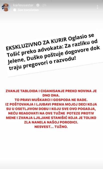 Objava Karleuše na Instagram Storyju - Avaz