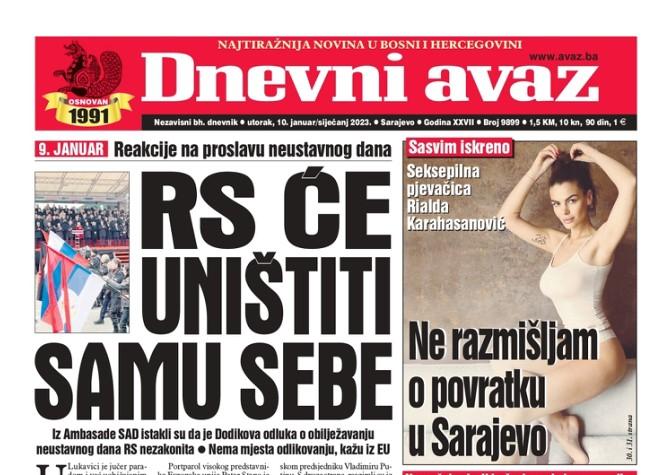 Danas u "Dnevnom avazu" čitajte: RS će uništiti samu sebe