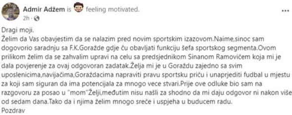 Adžem: Obavijestio javnost o novom angažmanu - Avaz