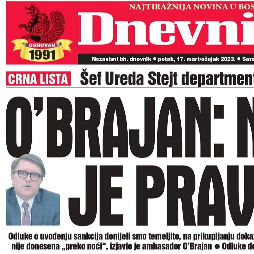 U današnjem "Dnevnom avazu" čitajte: O'Brajan poručio da je na redu pravosuđe