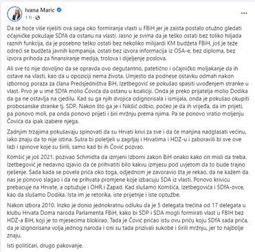 Facebook status Ivane Marić - Avaz