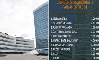 Cjenovnik hrane u restoranu Parlamenta BiH: Najskuplji grašak s piletinom, 4 KM!