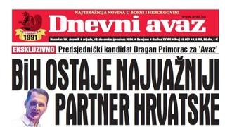 U današnjem "Dnevnom avazu" čitajte ekskluzivni razgovor s Draganom Primorcem: BiH ostaje najvažniji partner Hrvatske