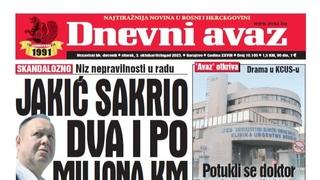 U današnjem "Dnevnom avazu“ čitajte: Jakić sakrio dva i po miliona KM