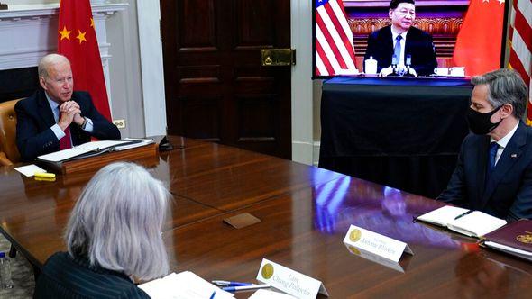 President Joe Biden meets virtually with Chinese President Xi Jinping from the Roosevelt Room of the White House in Washington, Nov. 15, 2021, as Secretary of State Antony Blinken - Avaz