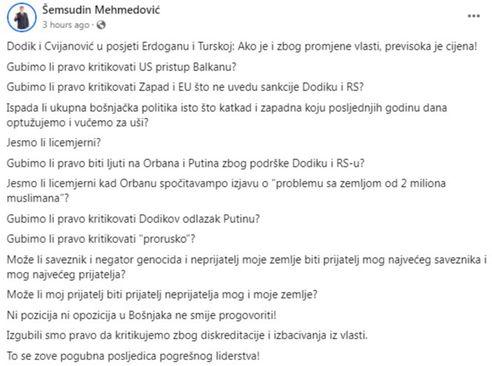 Mehmedovićev status na Facebooku - Avaz