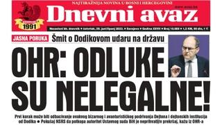 Danas u "Dnevnom avazu" čitajte: OHR: Odluke su nelegalne!